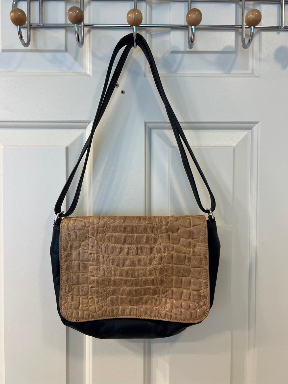 Clare V. Navy with croc flap bag